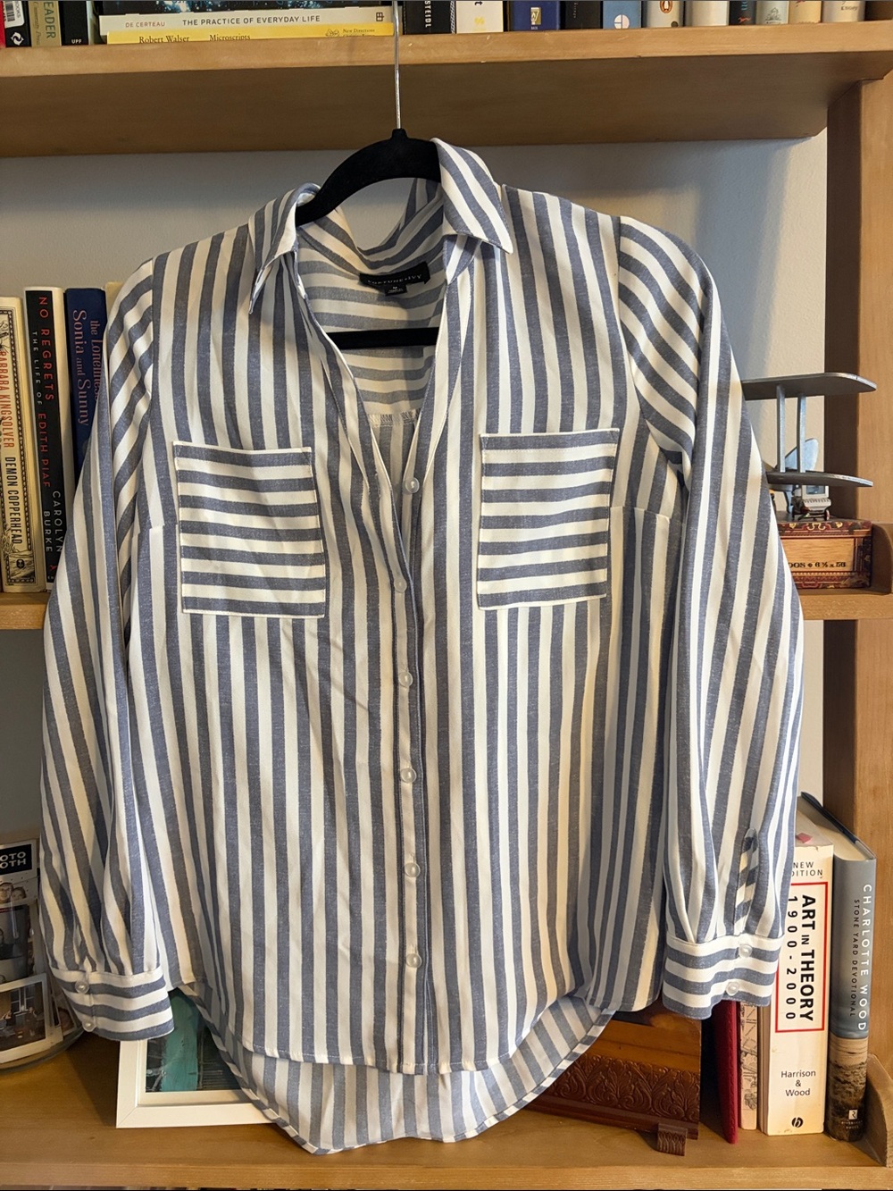 Women's Blue and White Striped Button-Front Shirt